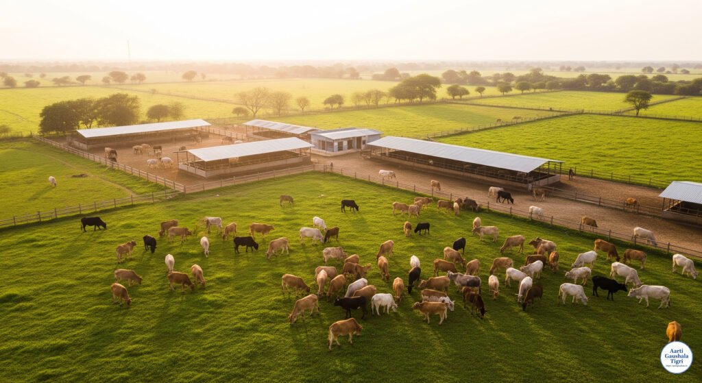 Aarti Gaushala Drone shot cow grazing field