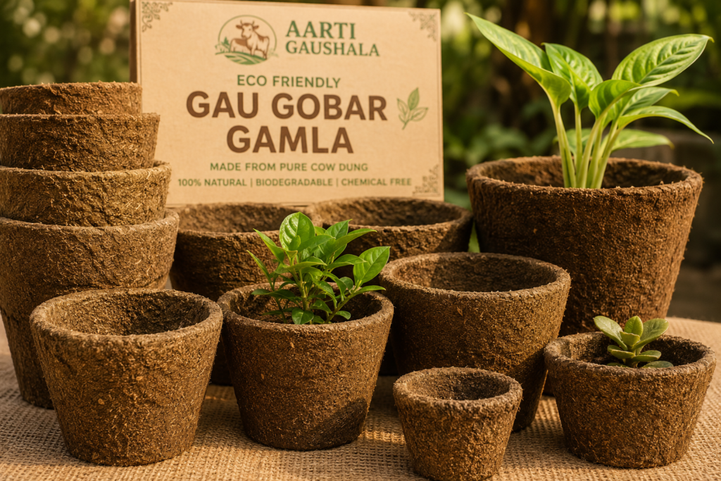 Premium Gau Gobar Gamla made from pure Gir cow dung, eco-friendly biodegradable plant pot by Aarti Gaushala